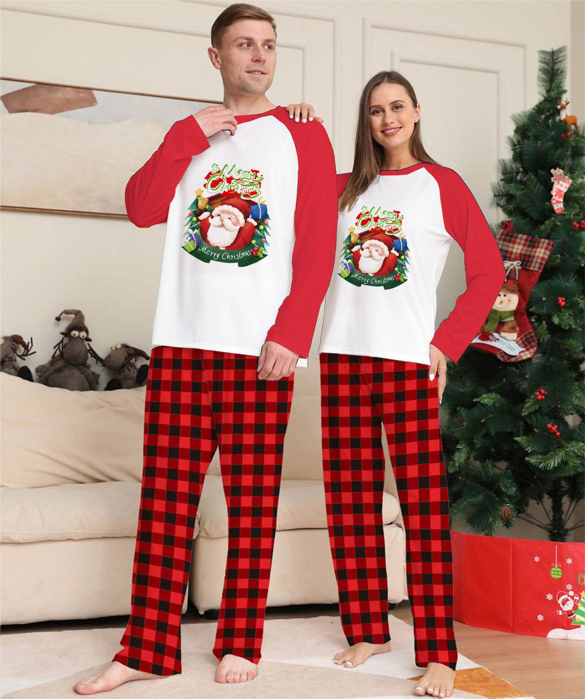 Christmas Parent-Child Clothes Set Long Sleeve T-Shirt Plaid Pants Family Matching Pajamas - Mubimart