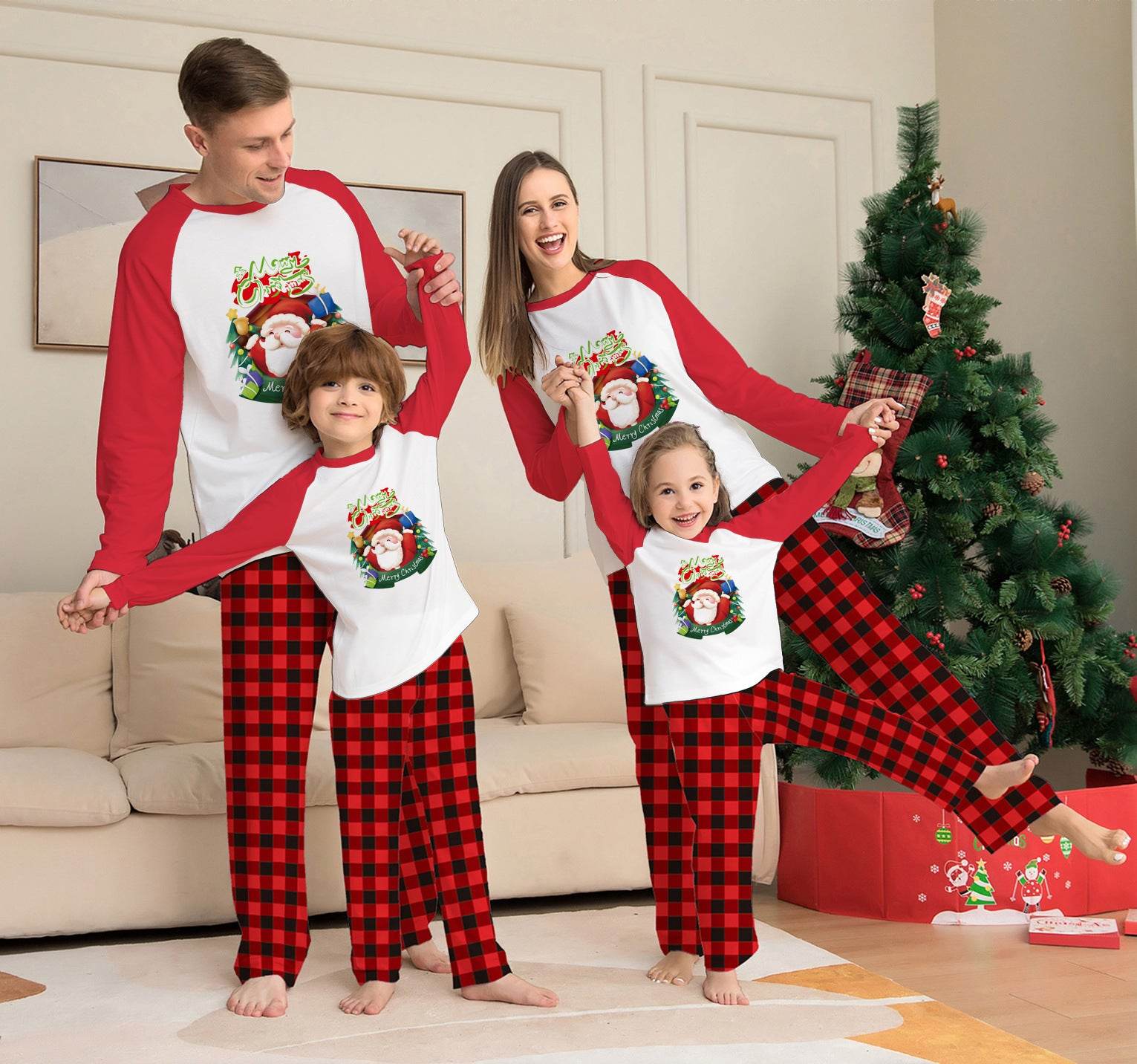 Christmas Parent-Child Clothes Set Long Sleeve T-Shirt Plaid Pants Family Matching Pajamas - Mubimart