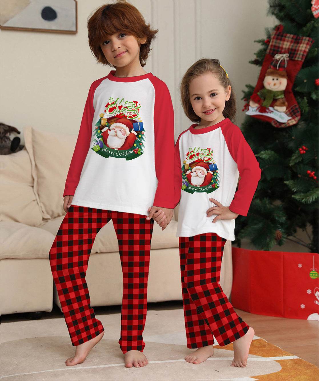 Christmas Parent-Child Clothes Set Long Sleeve T-Shirt Plaid Pants Family Matching Pajamas - Mubimart