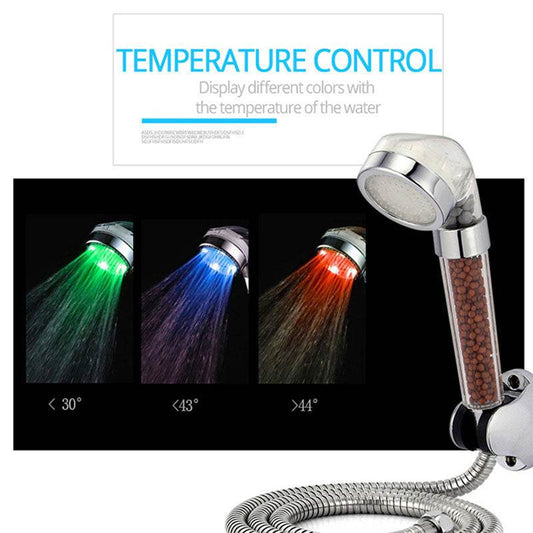 Color Changing LED Shower Head Temperature Sensor Handheld Mineral Anion Spa High Pressure Filter Shower Head - Mubimart