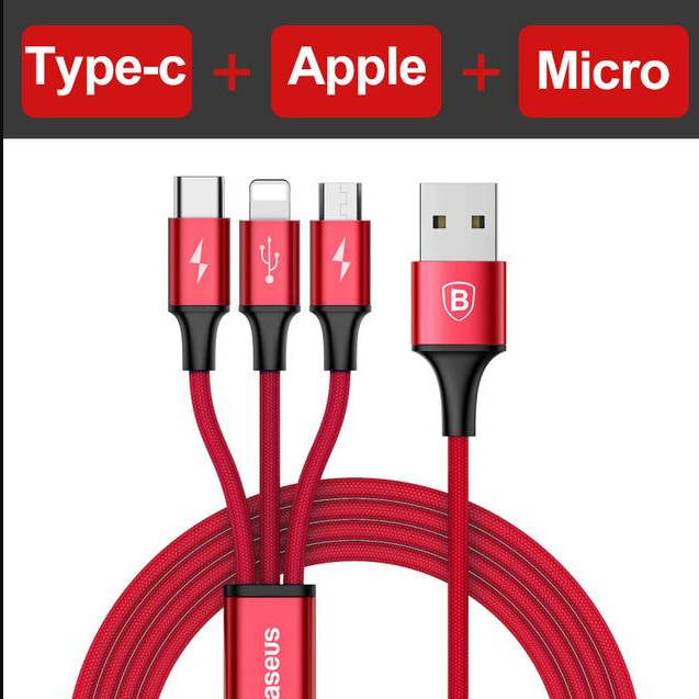 Compatible with Apple, Baseus USB Cable For iPhone X 8 7 6 Charging Charger 3 in 1 Micro USB Cable For Android USB Type c Type-c Mobile Phone Cables - Mubimart -  