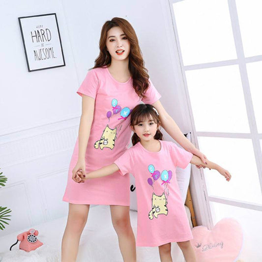 Cotton Nightdress Parent-child Baby Thin Princess Dress Girl Child Short-sleeved Pajama Dress - Mubimart