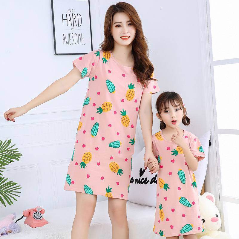 Cotton Nightdress Parent-child Baby Thin Princess Dress Girl Child Short-sleeved Pajama Dress - Mubimart