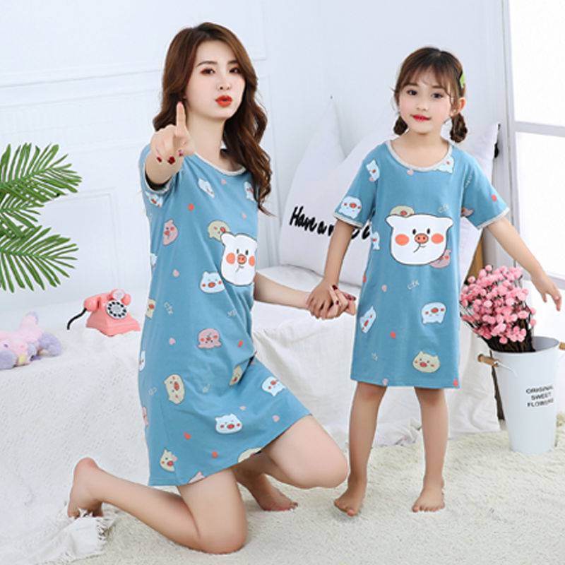 Cotton Nightdress Parent-child Baby Thin Princess Dress Girl Child Short-sleeved Pajama Dress - Mubimart