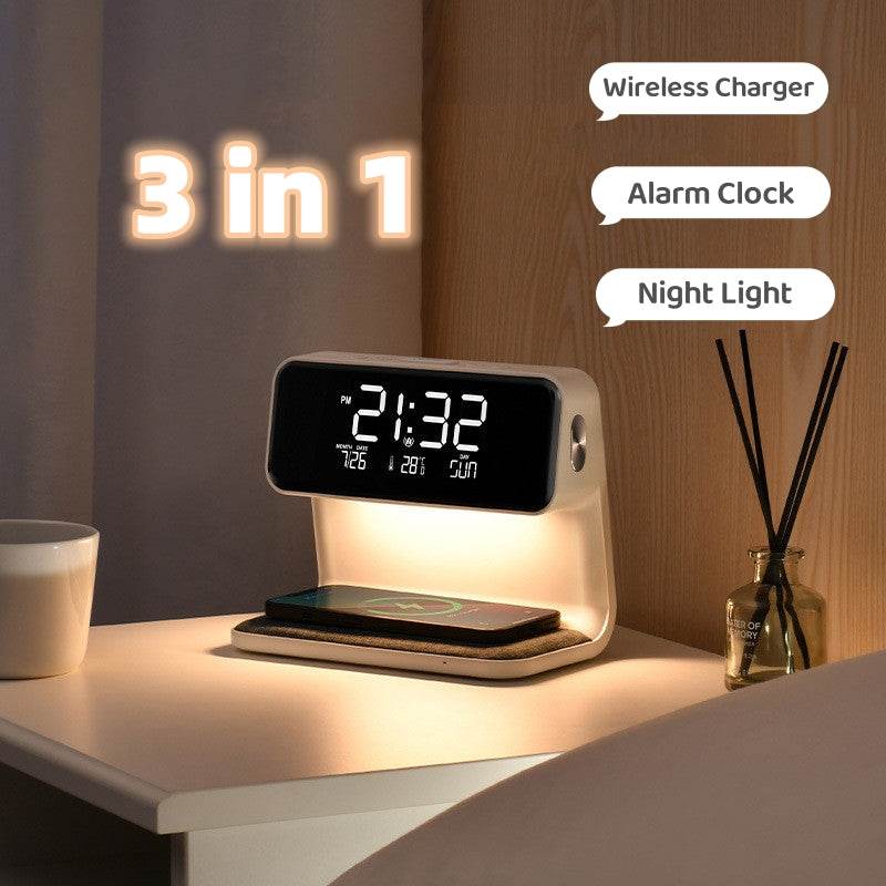 Creative 3 In 1 Bedside Lamp Wireless Charging LCD Screen Alarm Clock Wireless Phone Charger - Mubimart