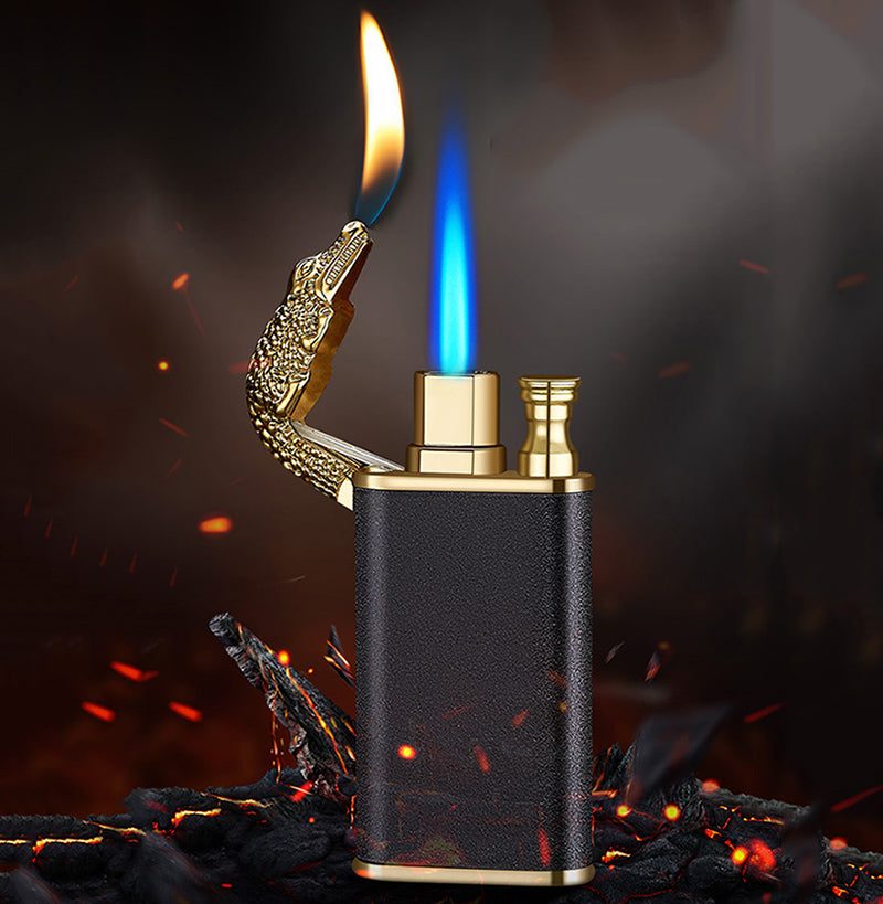 Creative Blue Flame Lighter Dolphin Dragon Tiger Double Fire Metal Winproof Lighter Inflatable Lighter - Mubimart -  