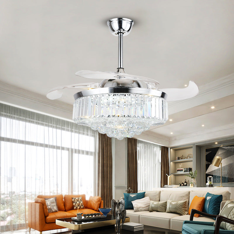 Crystal Fan Lights European Ceiling Fan Lights Living Room Bedroom Dining Room Invisible Led Fan Chandelier All Copper - Mubimart - Alarm Device 