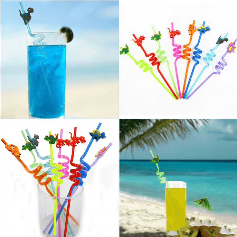 Curved Straws Party Decoration Small Gifts Dinosaur Cartoon Disposable Straws - Mubimart