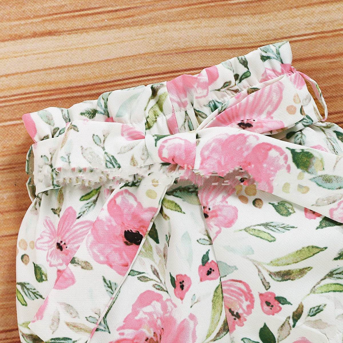 Cute Suit Baby Girl Flower Summer Printing Letter Cotton Three-piece Set - Mubimart