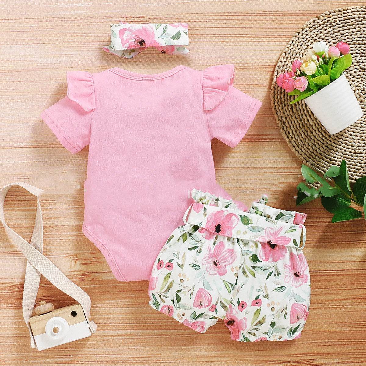 Cute Suit Baby Girl Flower Summer Printing Letter Cotton Three-piece Set - Mubimart