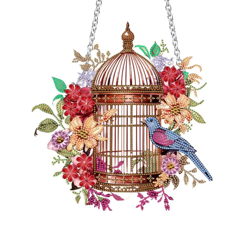 DIY Diamond Painting Pendant Ornament-flower Bird Cage - Mubimart