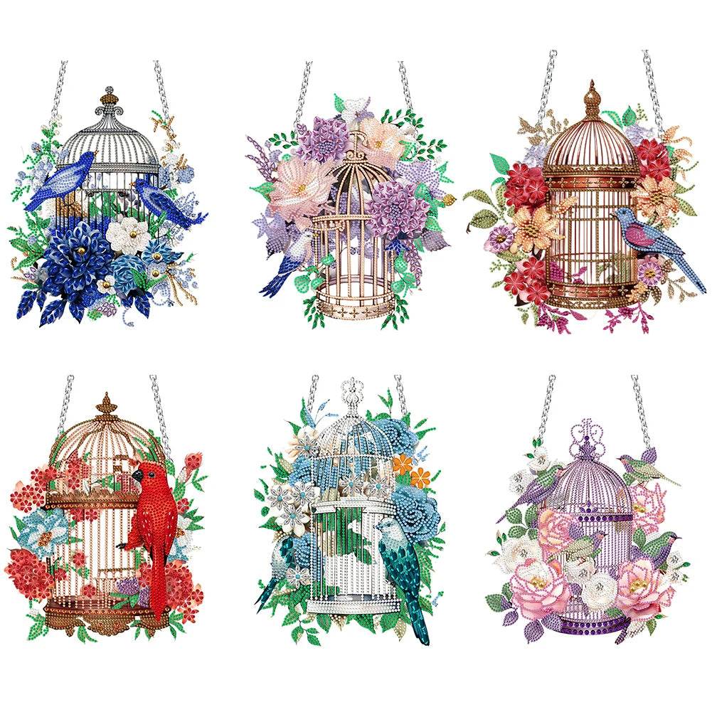 DIY Diamond Painting Pendant Ornament-flower Bird Cage - Mubimart