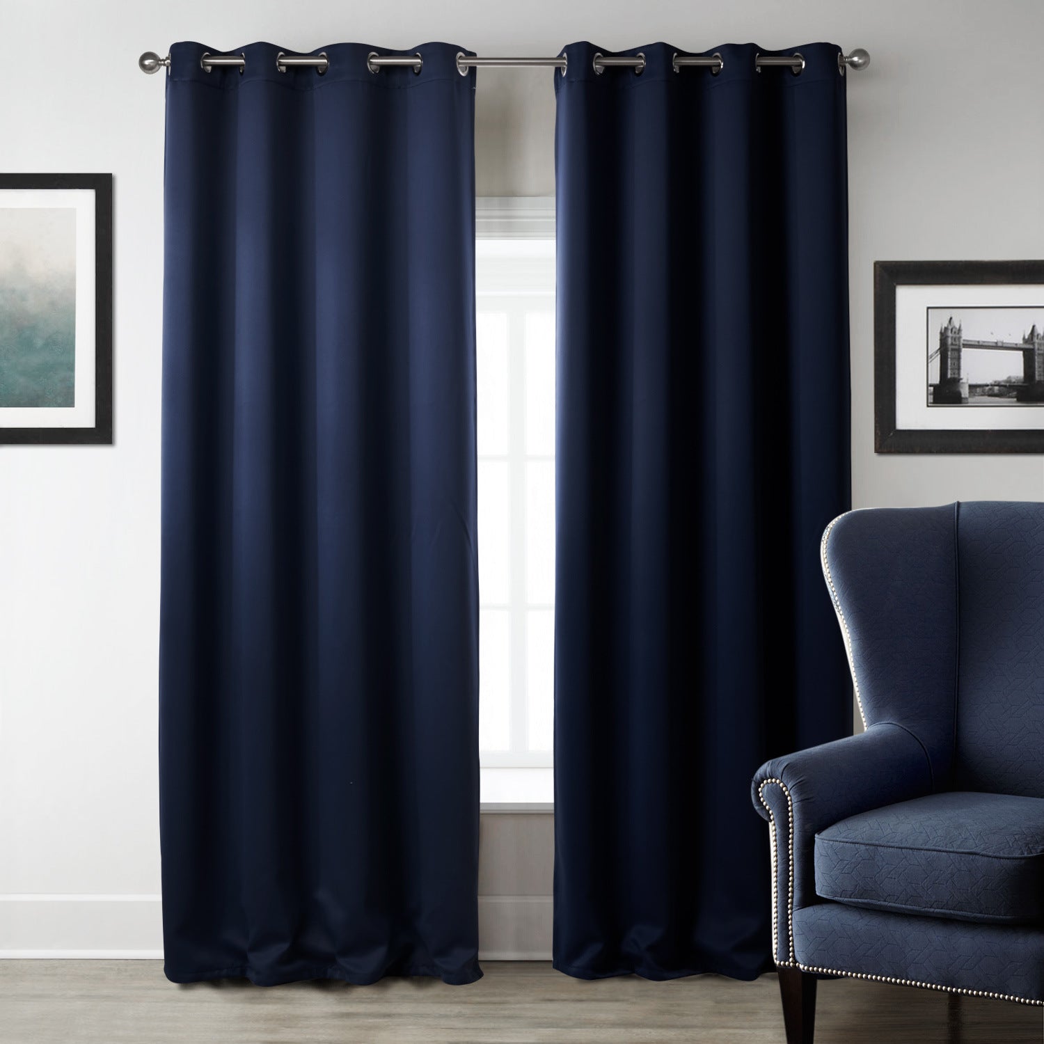 Dark Blue Bedroom Blackout Fabric Printed Curtains - Mubimart -  