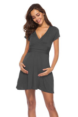 Deep V-Neck Maternity Short Sleeve Dress - Mubimart -  