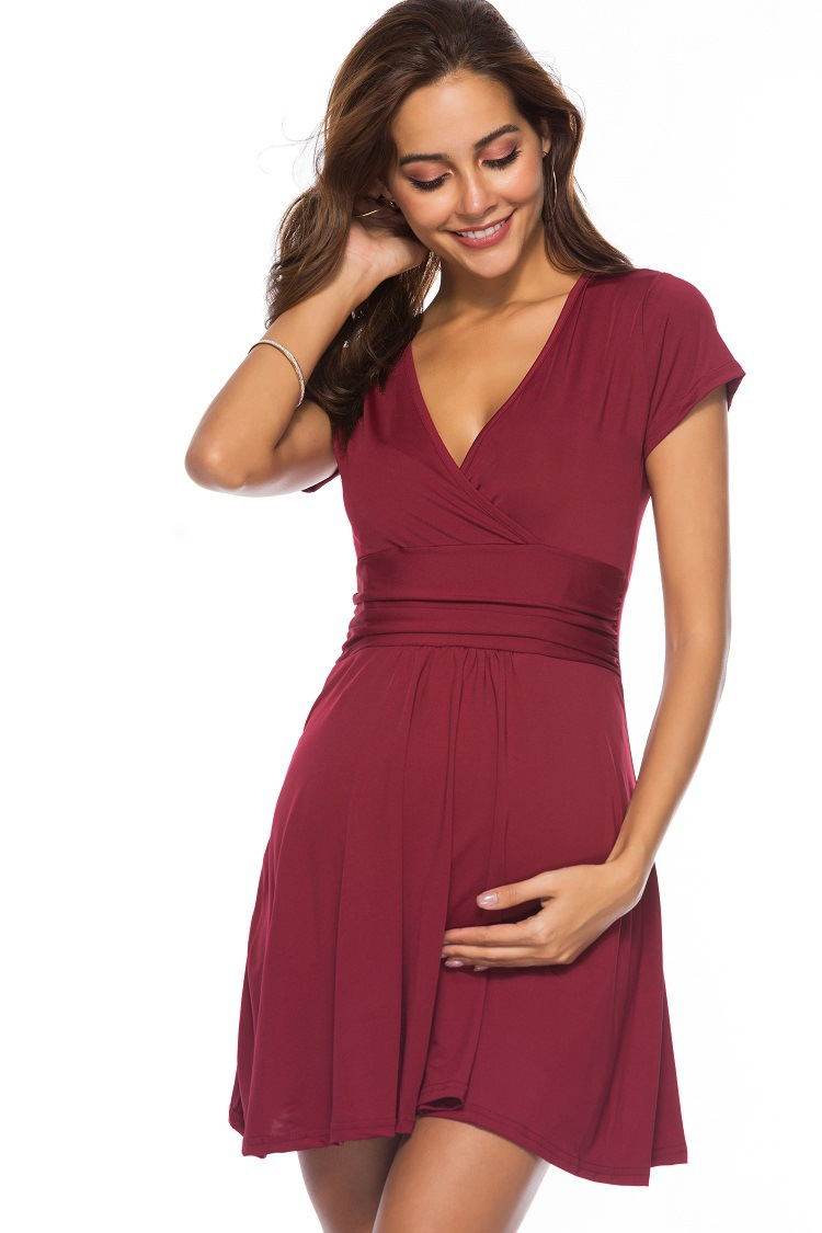 Deep V-Neck Maternity Short Sleeve Dress - Mubimart