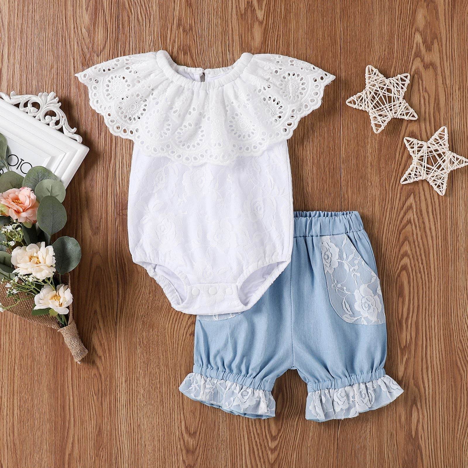 EBay Summer New Baby Girl 0-2 Years Old Lace Collar Dress Denim Shorts Two-piece Suit - Mubimart