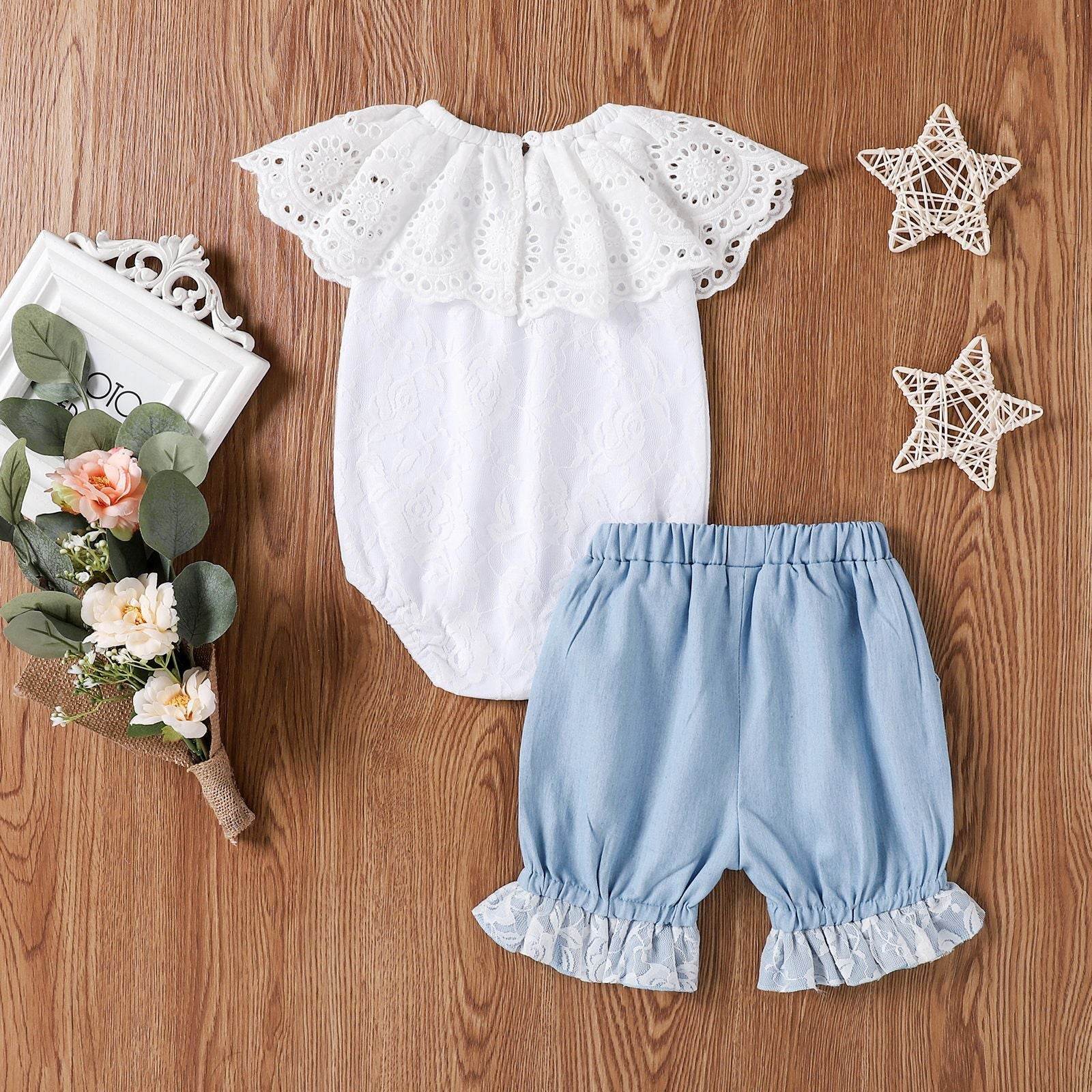 EBay Summer New Baby Girl 0-2 Years Old Lace Collar Dress Denim Shorts Two-piece Suit - Mubimart