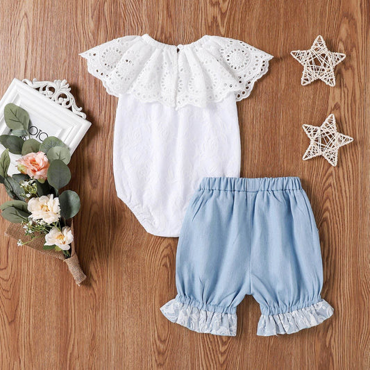 EBay Summer New Baby Girl 0-2 Years Old Lace Collar Dress Denim Shorts Two-piece Suit - Mubimart