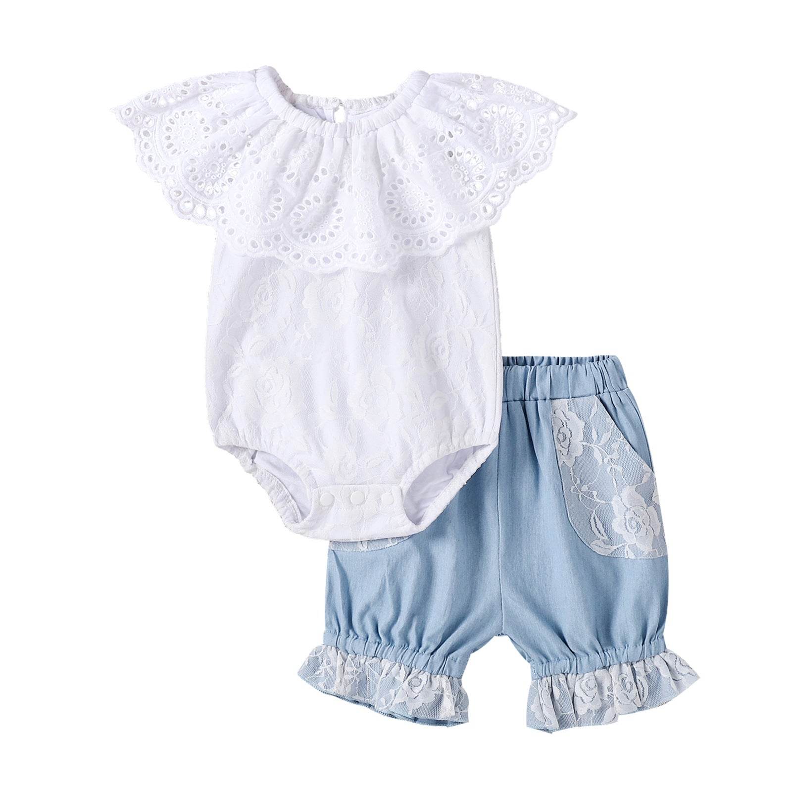 EBay Summer New Baby Girl 0-2 Years Old Lace Collar Dress Denim Shorts Two-piece Suit - Mubimart