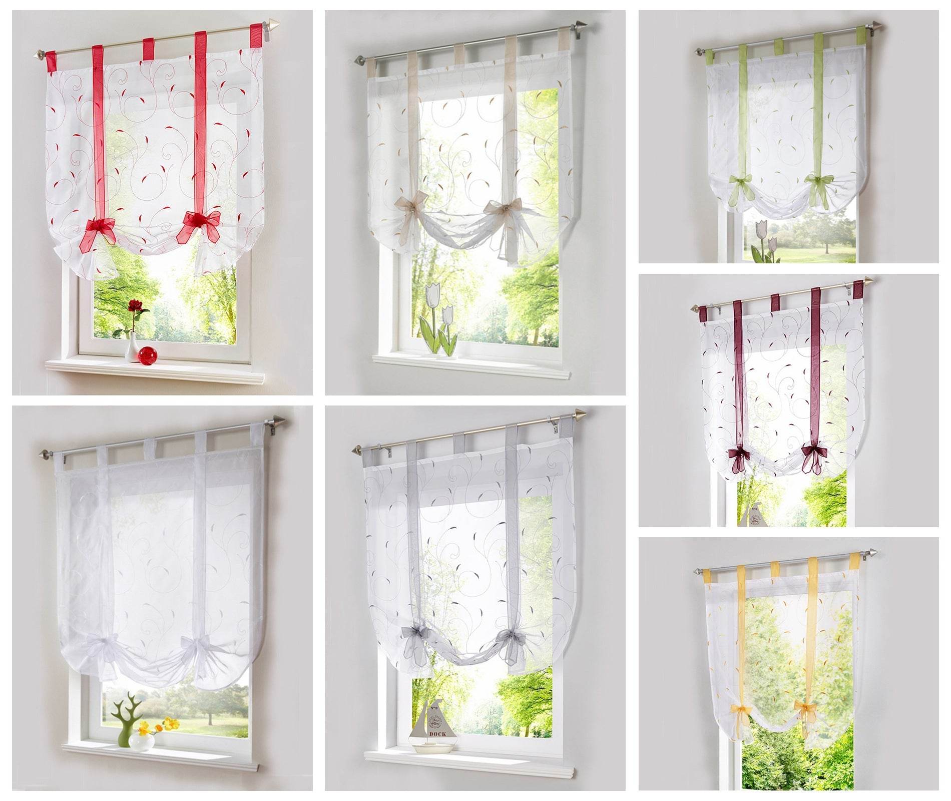 Embroidered Pastoral Adjustable Curtain Rod Ribbon Roman Window Screen - Mubimart