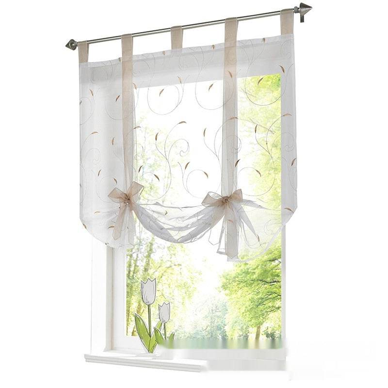 Embroidered Pastoral Adjustable Curtain Rod Ribbon Roman Window Screen - Mubimart