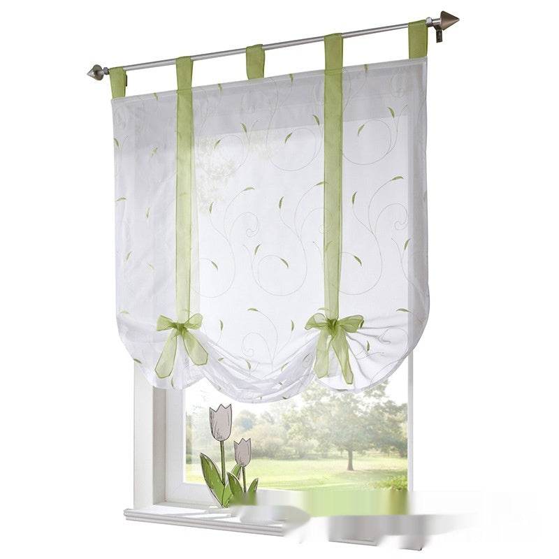 Embroidered Pastoral Adjustable Curtain Rod Ribbon Roman Window Screen - Mubimart