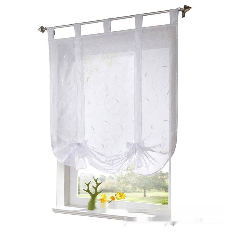 Embroidered Pastoral Adjustable Curtain Rod Ribbon Roman Window Screen - Mubimart