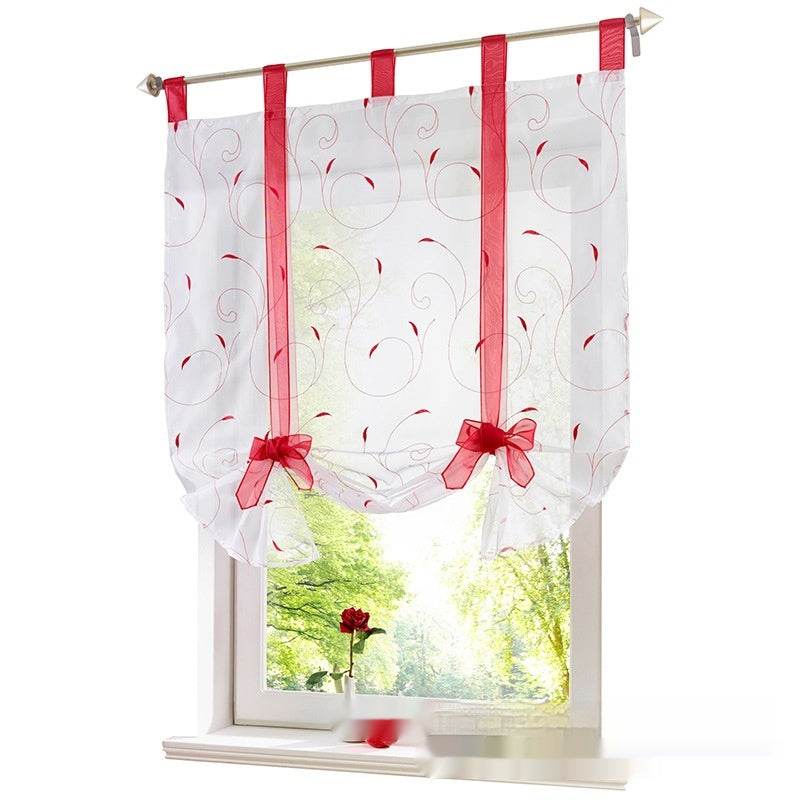 Embroidered Pastoral Adjustable Curtain Rod Ribbon Roman Window Screen - Mubimart