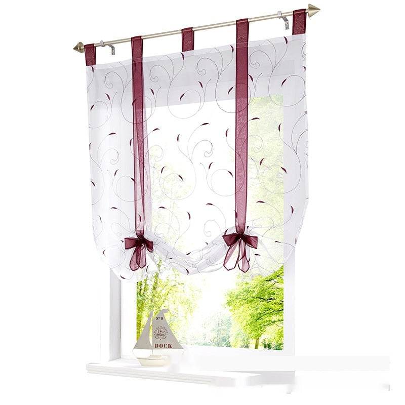 Embroidered Pastoral Adjustable Curtain Rod Ribbon Roman Window Screen - Mubimart