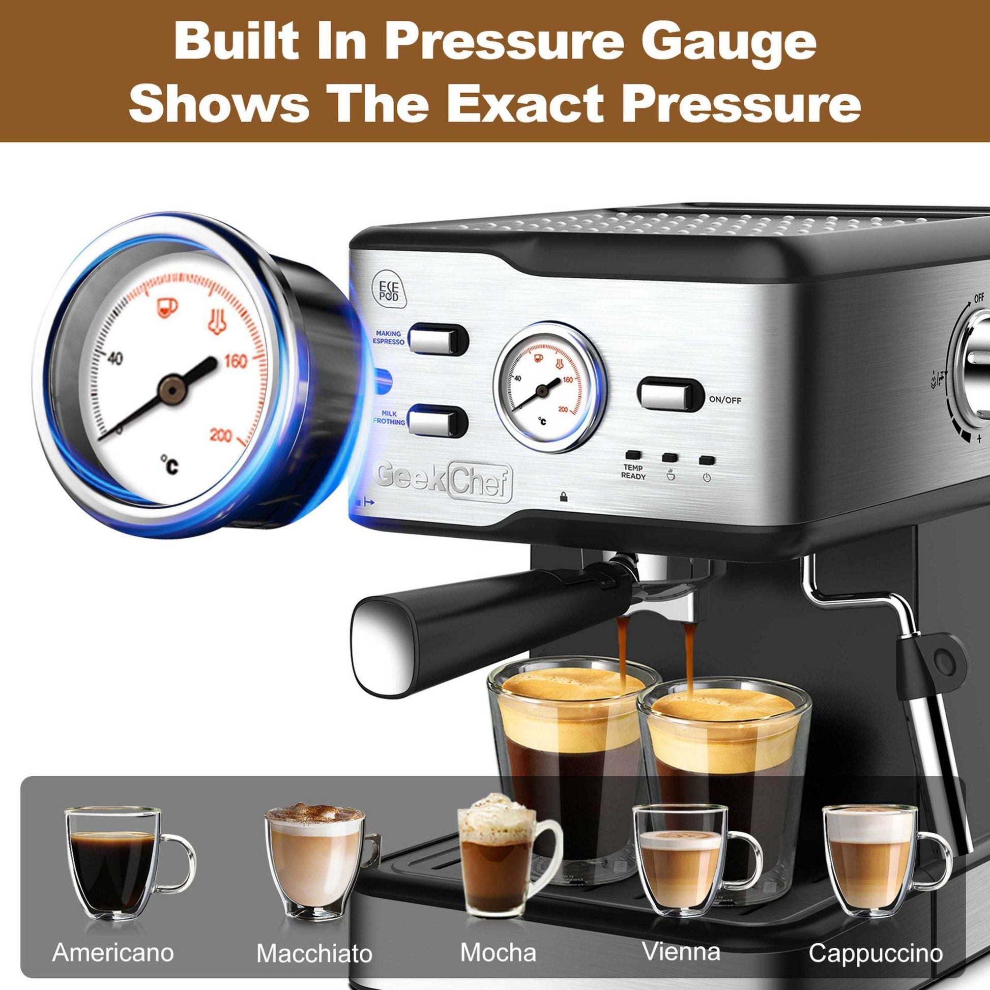 Espresso Machine 20 Bar Pressure Cappuccino Latte Maker Coffee Machine With ESE POD Filter&Milk Frother Steam Wand&thermometer, 1.5L Water Tank, Stainless Steel Espresso Ban On Amazon - Mubimart