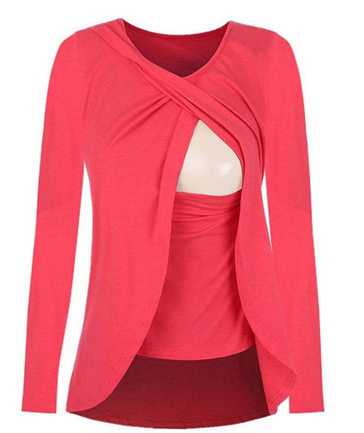 Europe maternity cotton round neck can uncover feeding pregnant women leisure all-match solid color shirt blouse 8962 - Mubimart