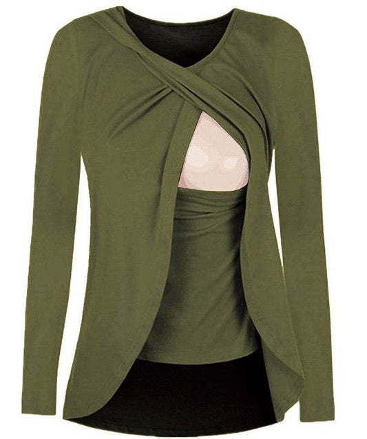 Europe maternity cotton round neck can uncover feeding pregnant women leisure all-match solid color shirt blouse 8962 - Mubimart