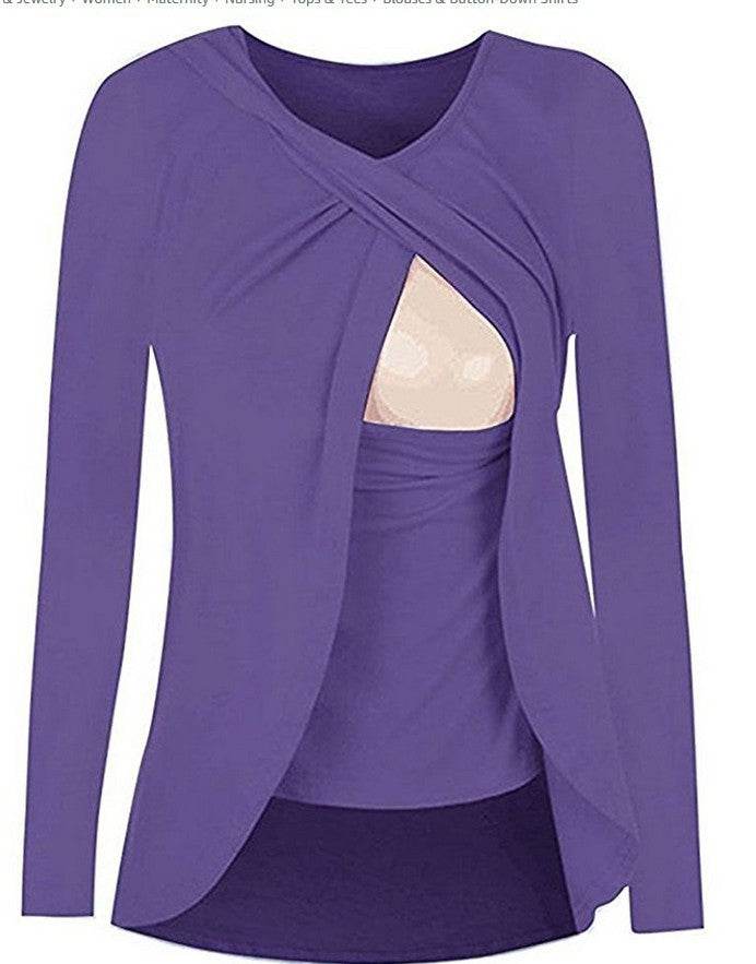 Europe maternity cotton round neck can uncover feeding pregnant women leisure all-match solid color shirt blouse 8962 - Mubimart