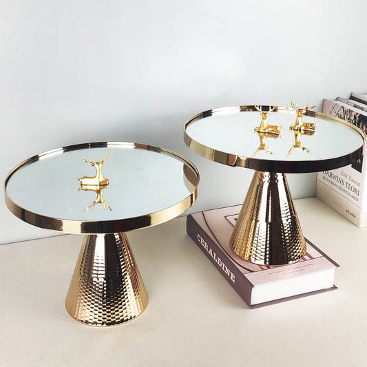 European Style Golden Cake Stand Glass Mirror Tray - Mubimart