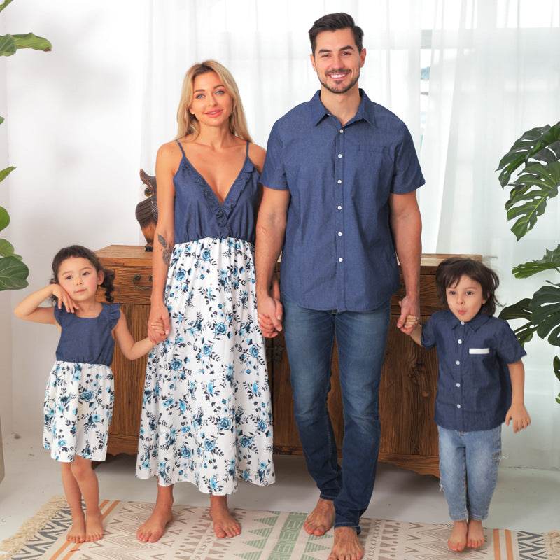 Family Matching Family Denim Sling Skirt Baby Girl Mom Dad Boy Boy Shirt Parent-Child - Mubimart