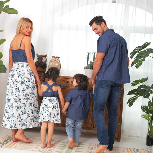 Family Matching Family Denim Sling Skirt Baby Girl Mom Dad Boy Boy Shirt Parent-Child - Mubimart