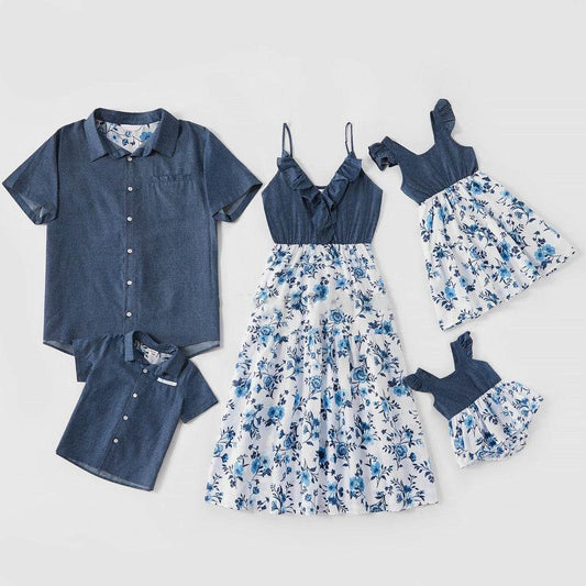 Family Matching Family Denim Sling Skirt Baby Girl Mom Dad Boy Boy Shirt Parent-Child - Mubimart