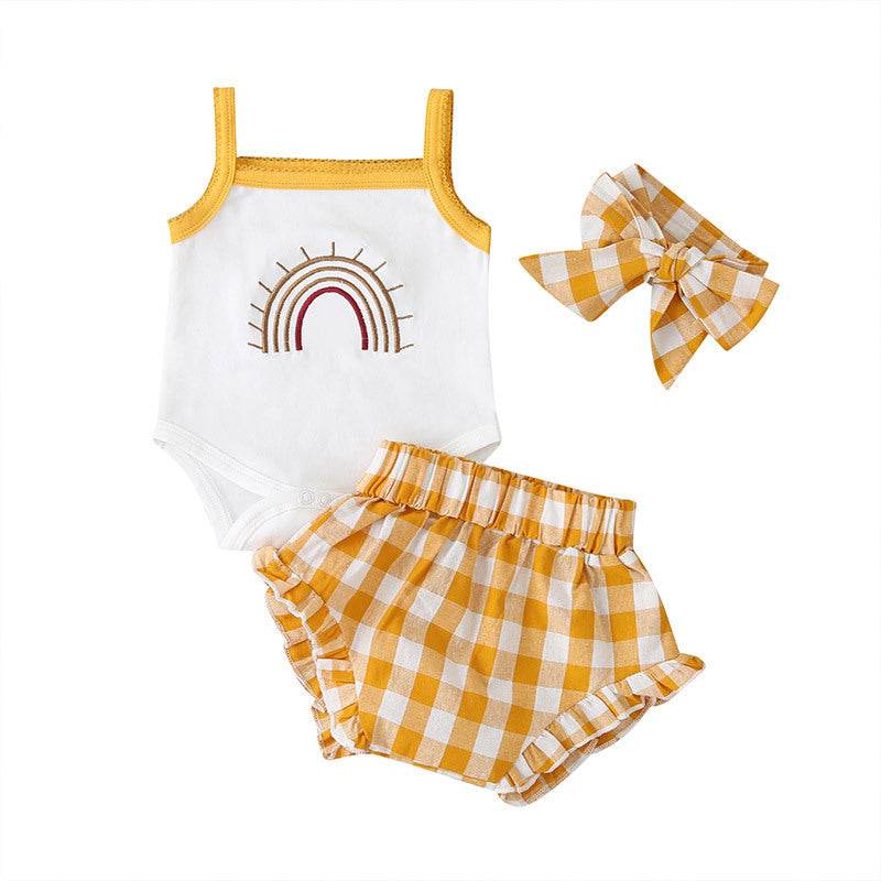 Fashion Three-Piece Baby Girl Sling Romper Plaid Shorts - Mubimart