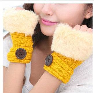 Faux rabbit fur warm fingerless wool winter knitted gloves women - Mubimart