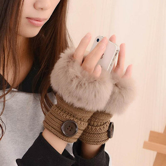 Faux rabbit fur warm fingerless wool winter knitted gloves women - Mubimart