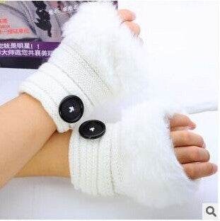 Faux rabbit fur warm fingerless wool winter knitted gloves women - Mubimart