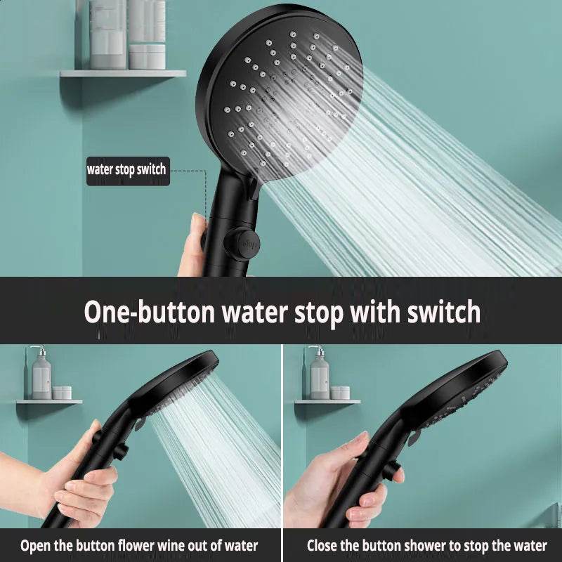 Five-speed Adjustment One-button Water-stop All-black Shower Head - Mubimart