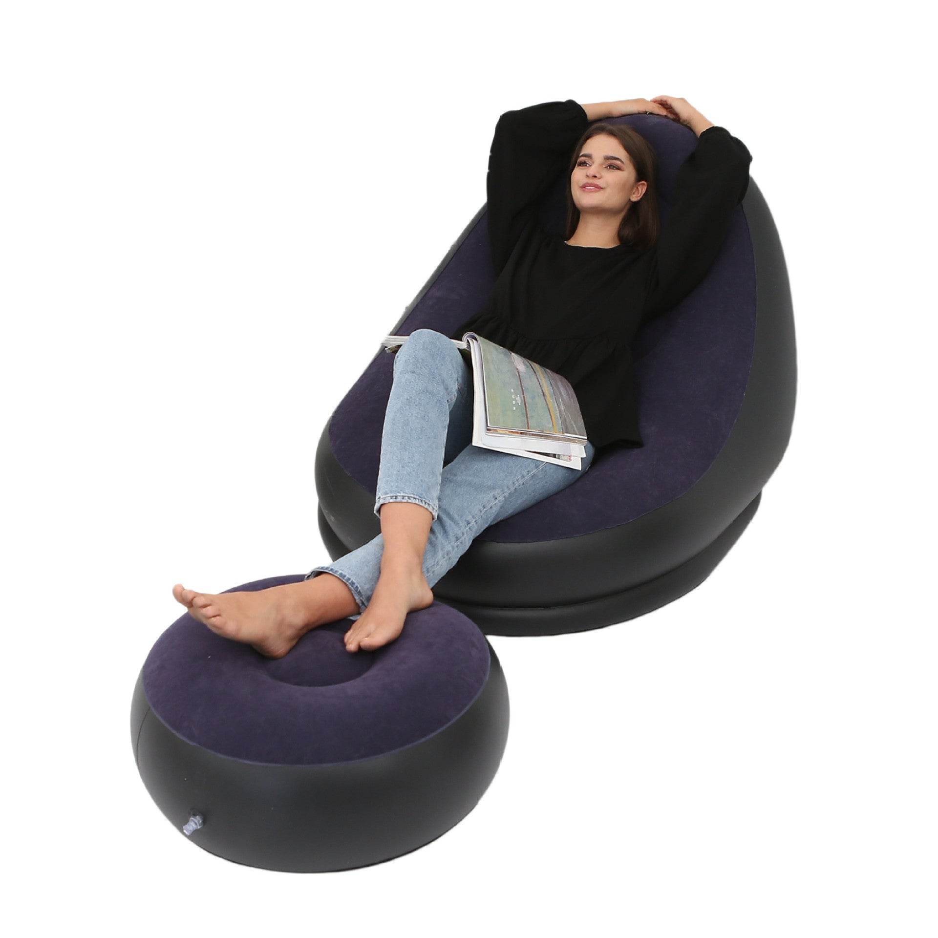 Flocking Inflatable Sofa Lazy Sofa Bed With Footstool Outdoor Foldable Portable Recliner - Mubimart