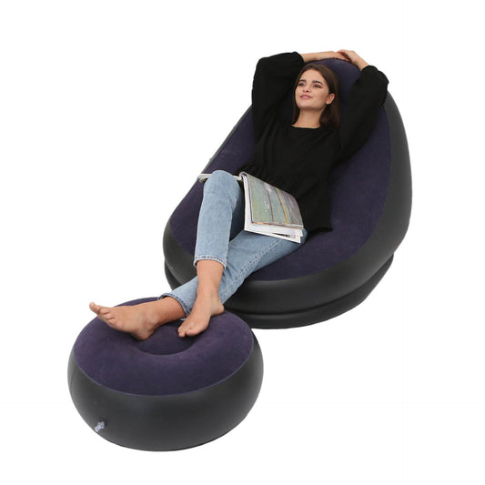 Flocking Inflatable Sofa Lazy Sofa Bed With Footstool Outdoor Foldable Portable Recliner - Mubimart