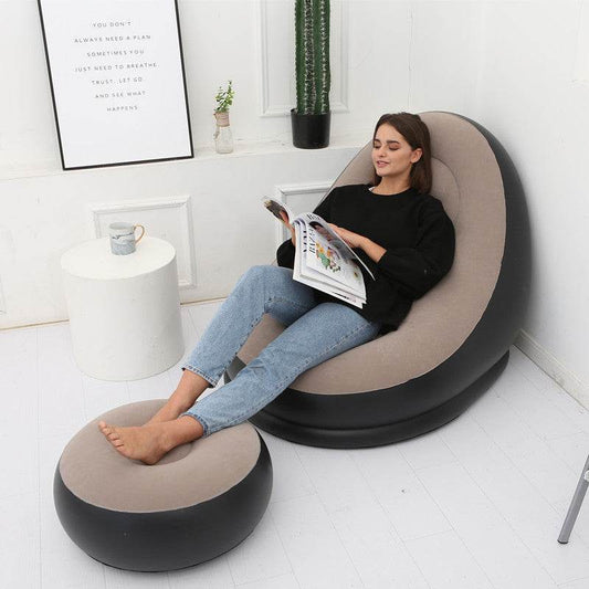 Flocking Inflatable Sofa Lazy Sofa Bed With Footstool Outdoor Foldable Portable Recliner - Mubimart