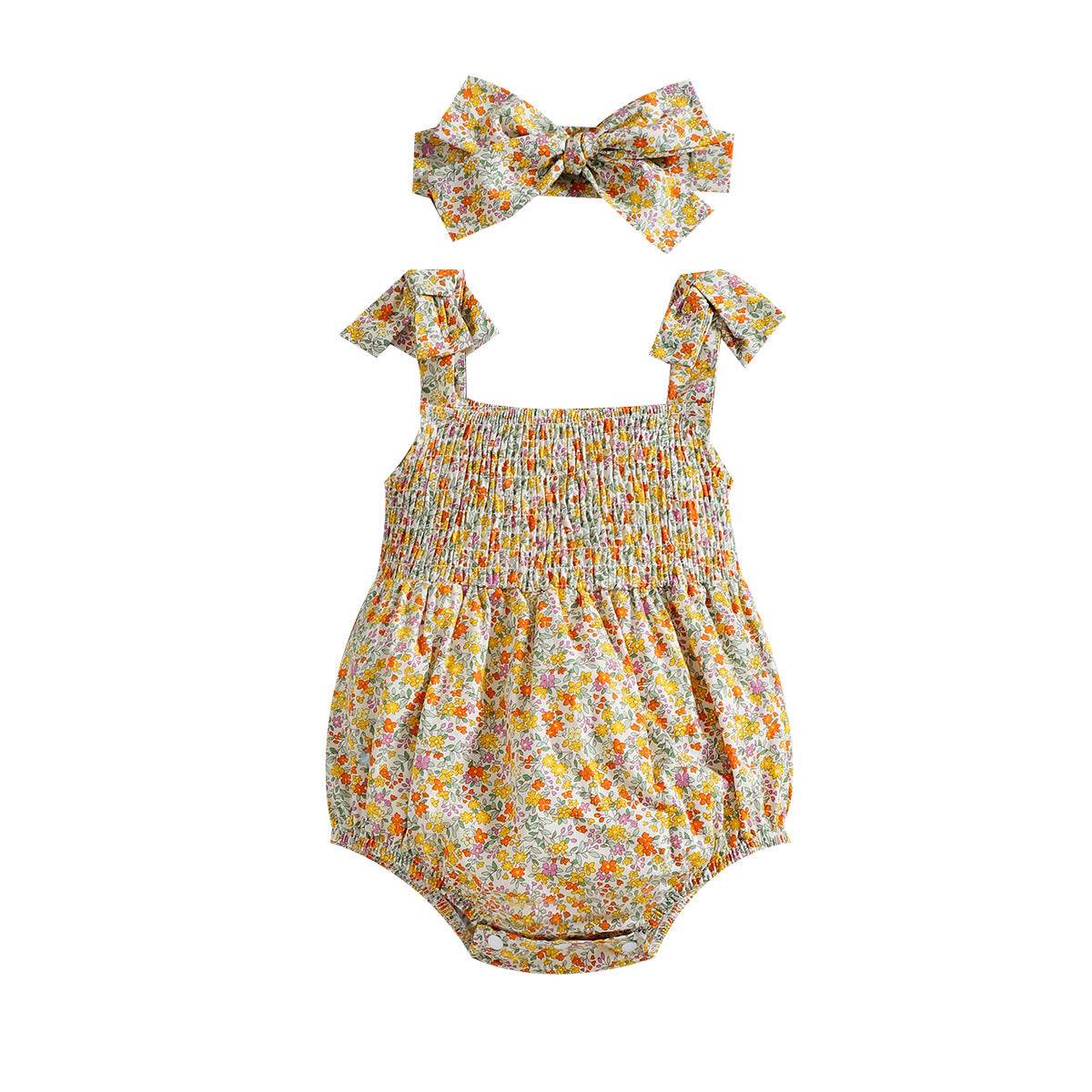 Floral Strap Smocking One-piece Romper Baby Girl Rompers - Mubimart