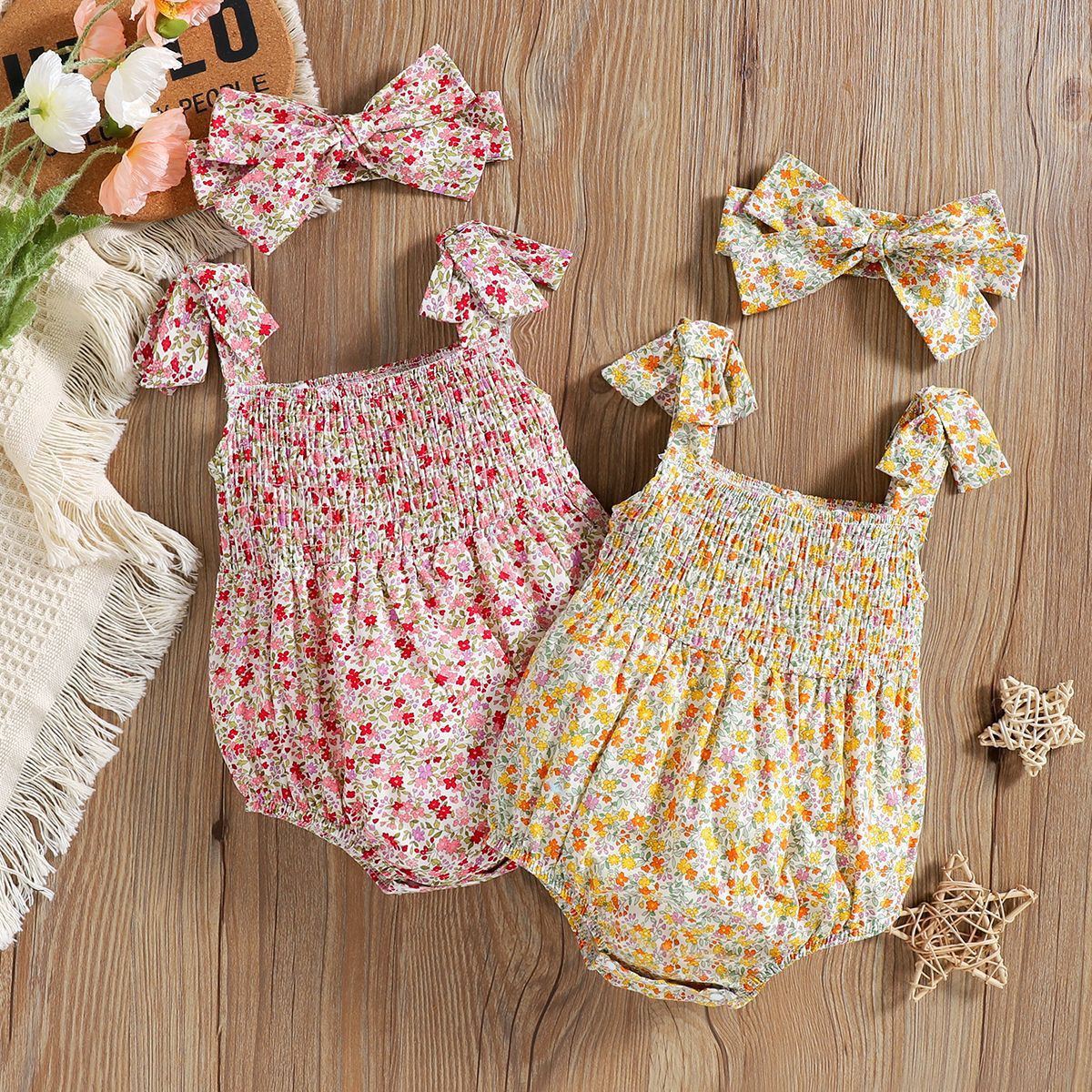 Floral Strap Smocking One-piece Romper Baby Girl Rompers - Mubimart - Baby Cloth 