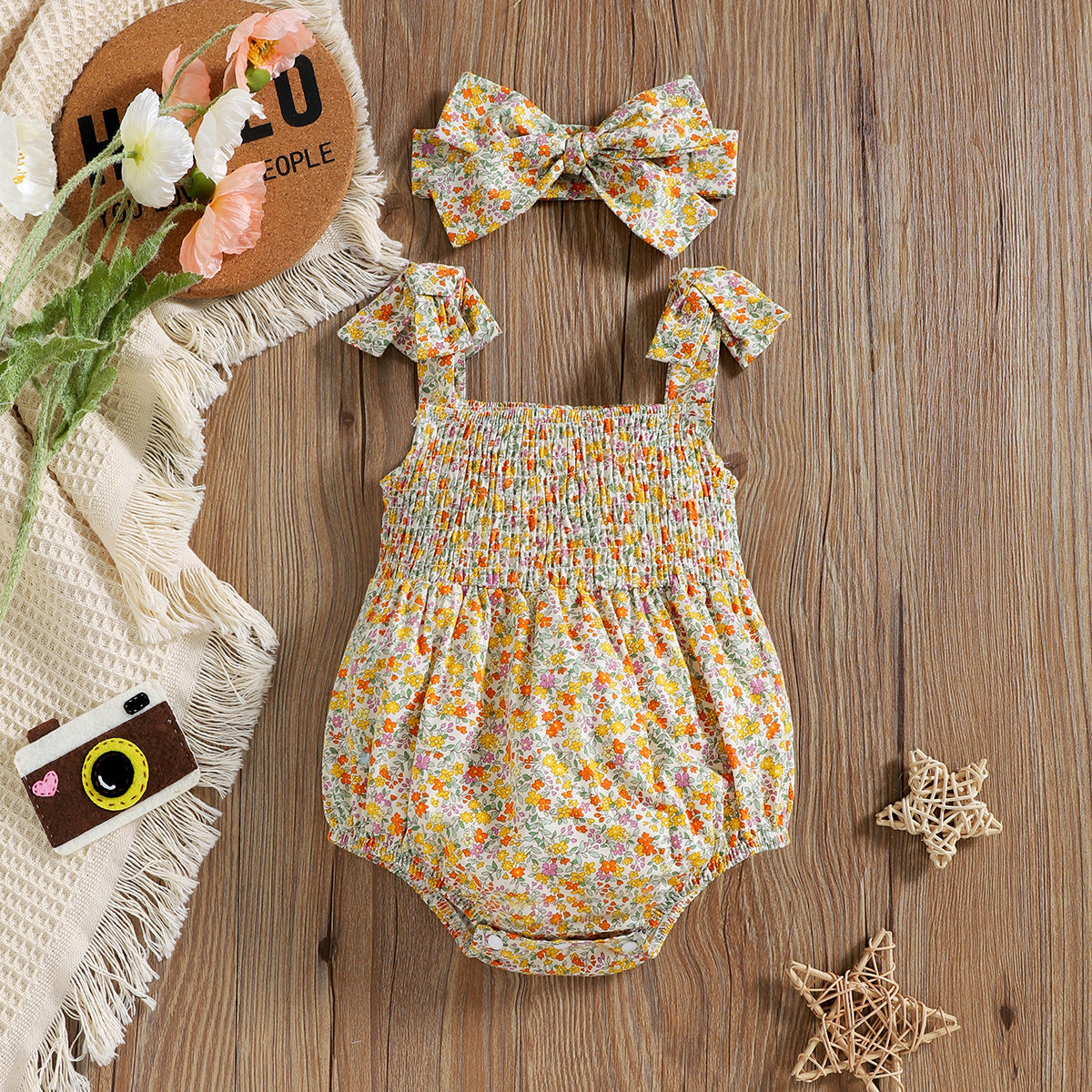 Floral Strap Smocking One-piece Romper Baby Girl Rompers - Mubimart -  