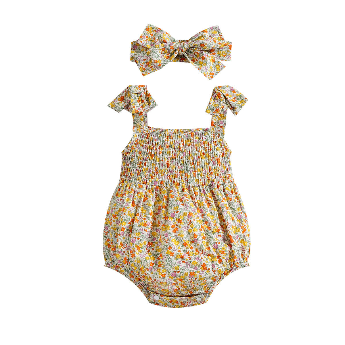 Floral Strap Smocking One-piece Romper Baby Girl Rompers - Mubimart -  