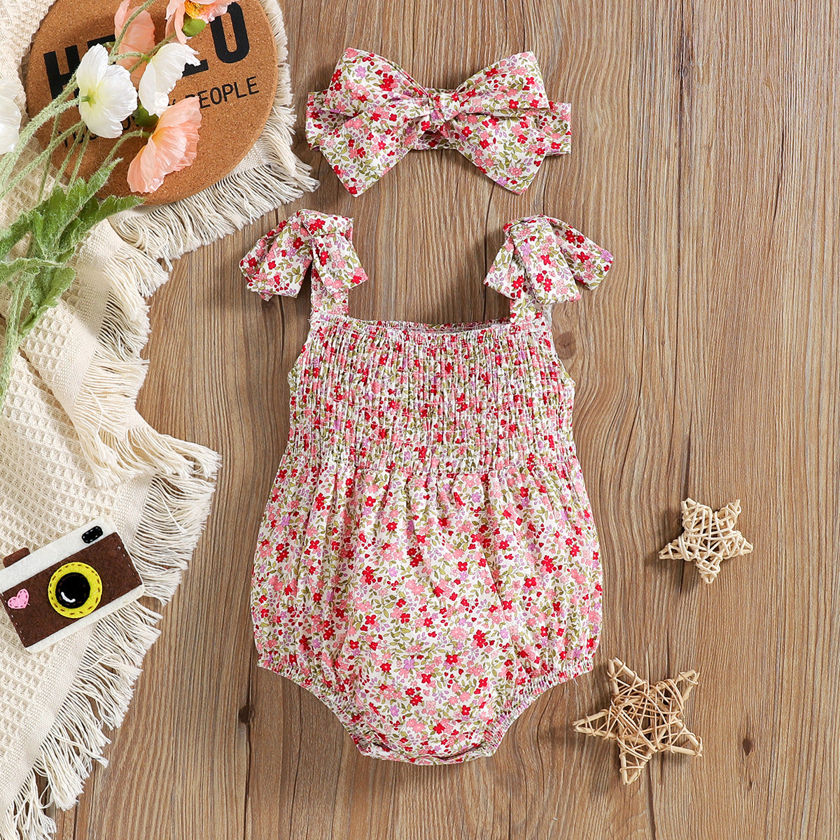 Floral Strap Smocking One-piece Romper Baby Girl Rompers - Mubimart -  